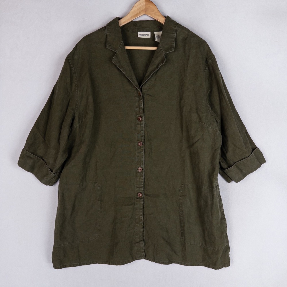 Crossroads Shirt Womens XL Olive Green 100% Linen Button Up Pockets Coastal